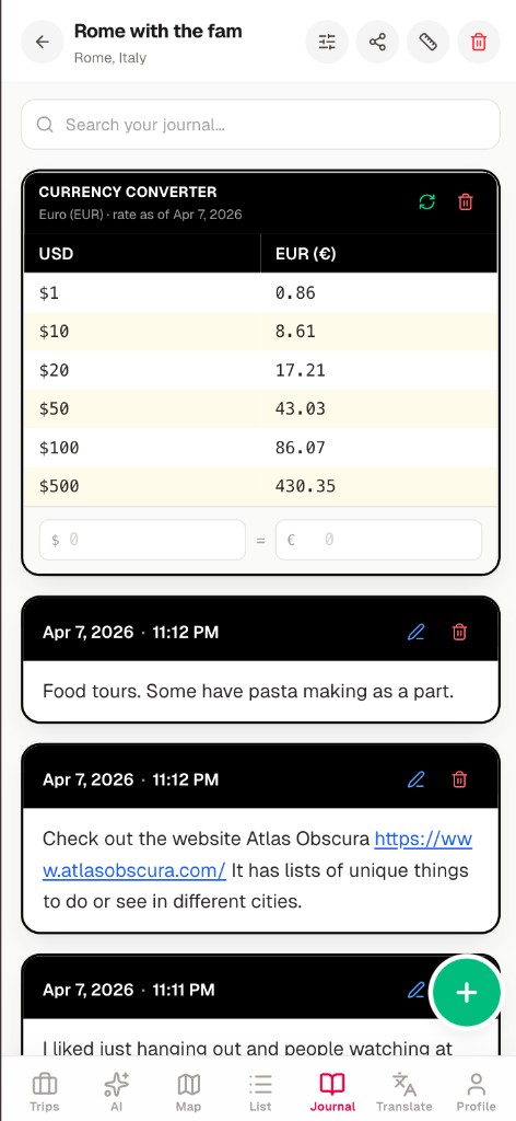 Trip journal with currency converter