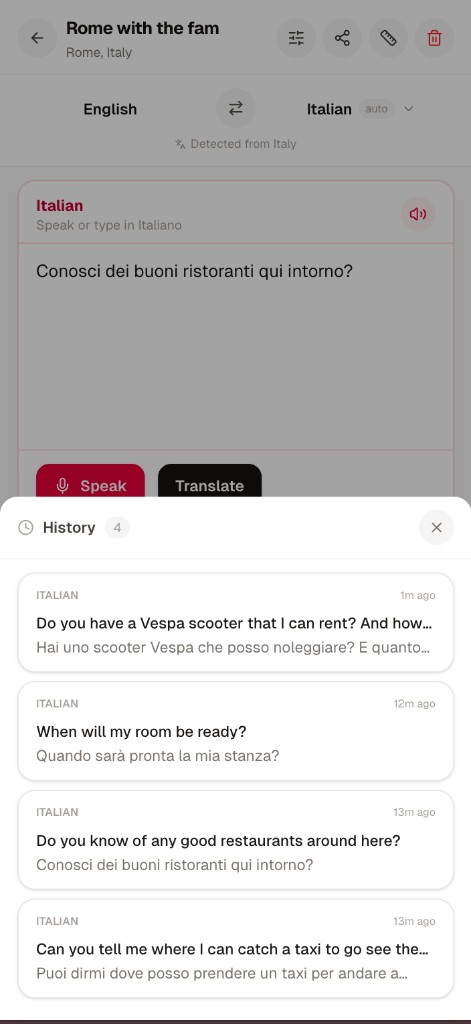 Translation history panel